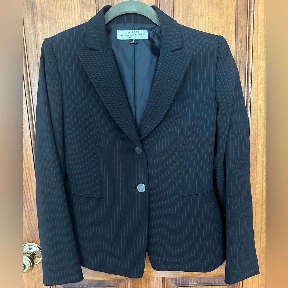 Tahari Navy Striped Suit in Size 4P and 6P